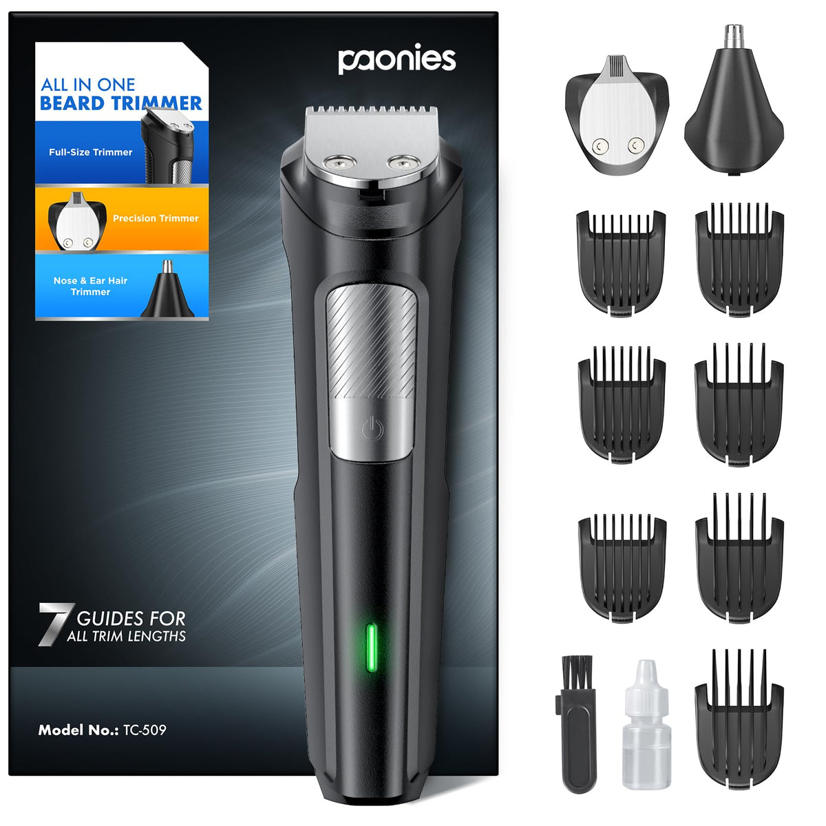 Beard Trimmer Hair Clippers Men, Nose & Ear Trimmer, 9-in-1 Body Groomer Men Kit, Cordless Rechargeable Hair Clippers with 7 Limit Combs, Stainless Steel Blades,Extra Long Life Beard&Hair Grooming Kit