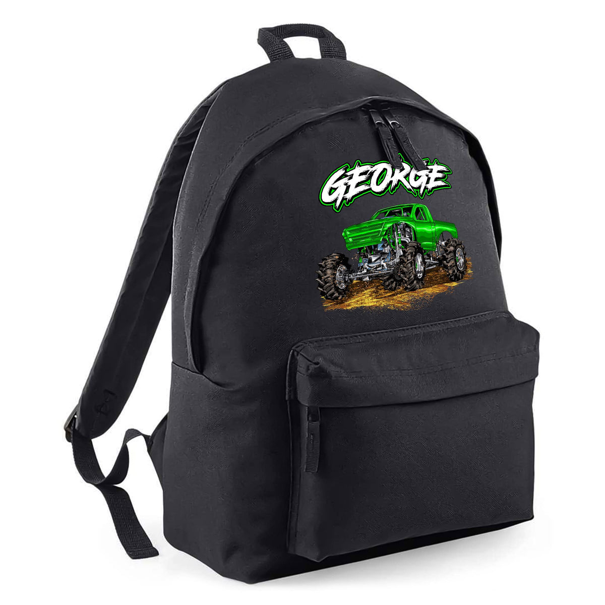 Purple Print House Personalised Monster Truck Backpack, Boys Back to School Gifts, Custom Bags for Kids Who Loves Big Trucks, Primary and Nursery Child Back Pack, Boys and Girls, One Size, Black