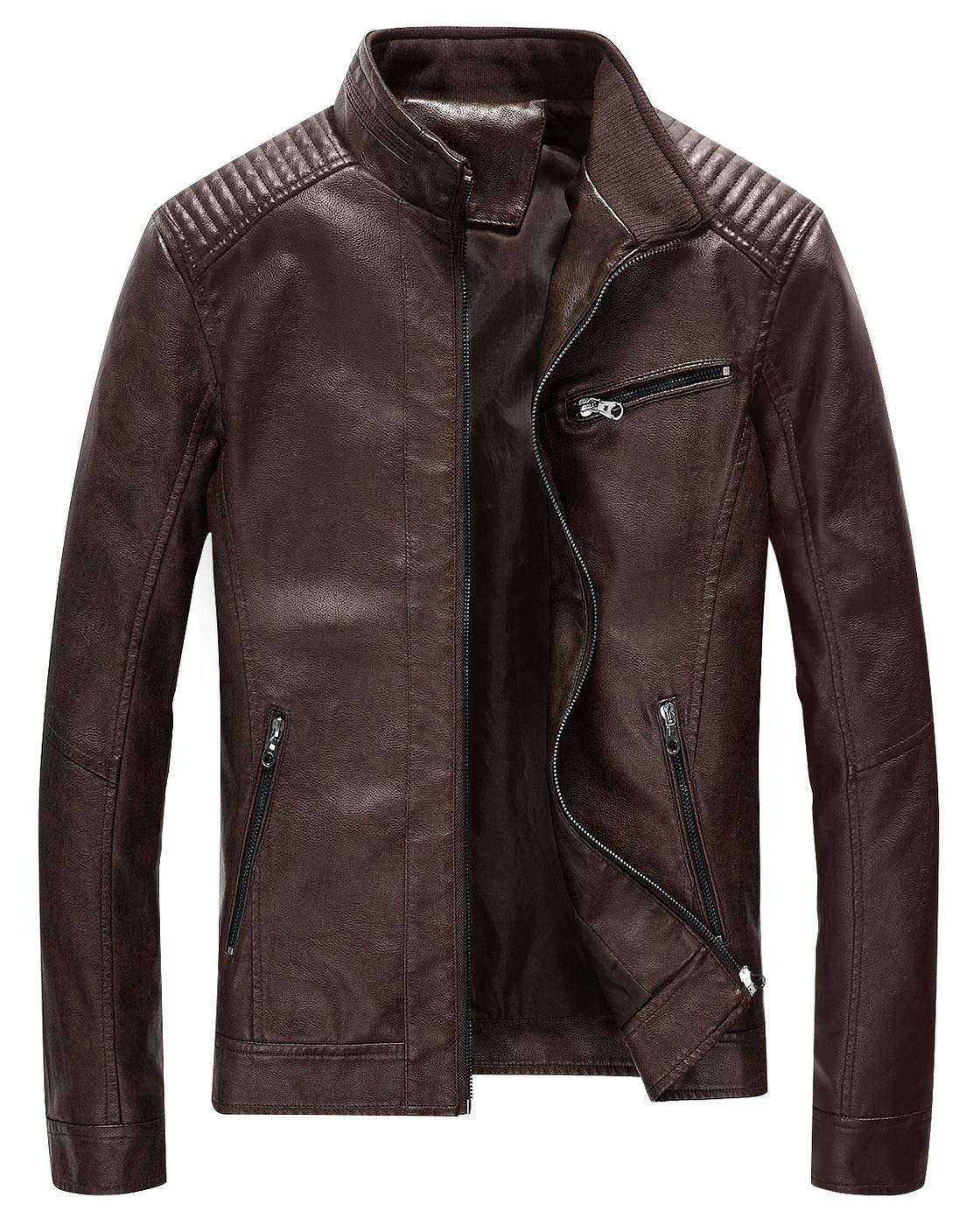 Fairylinks Leather Jacket Men Black Slim Fit Motorcyle Lightweight, Coffee, Large