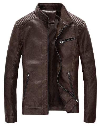 Fairylinks Leather Jacket Men Black Slim Fit Motorcyle Lightweight, Coffee, Large