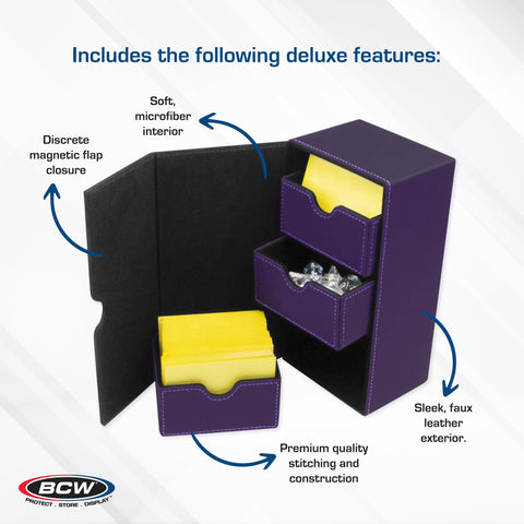 BCW Deck Vault-LX 200 - Purple | Premium Card Deck Box with 100 Sleeved Card Capacity, Magnetic Closure, and Dice Tray | For Magic Commander, Pokemon, Yu Gi Oh
