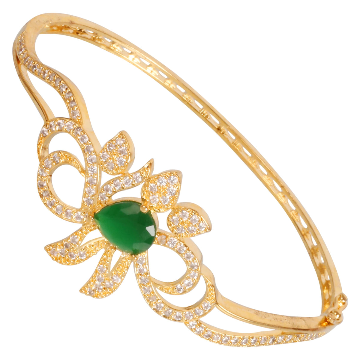 Touchstone NEW Indian Bollywood Exotic Handcrafted Studded Premium Cubic Zirconia CZs Faux Emerald Classic Designer Jewelry Hinged Bracelet In 22Kt. Gold Plating For Women