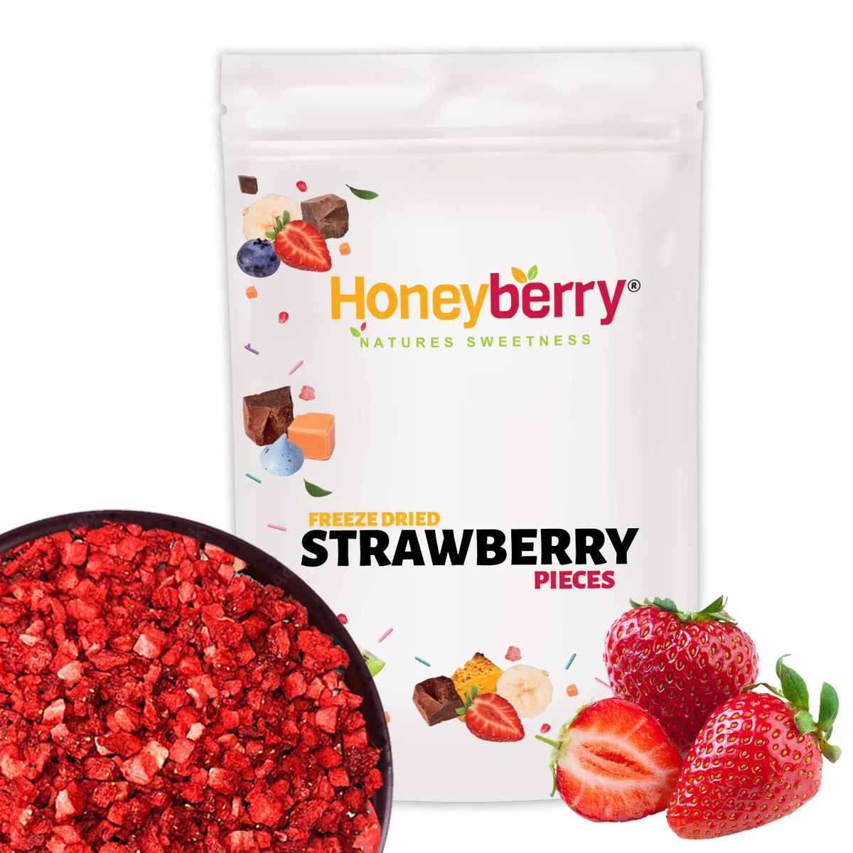 Freeze Dried Strawberry Pieces 50g - Premium Freeze-Dried Fruit Bits - 100% Natural, No Added Sugar or Preservatives Raw Dry Strawberries for Baking, Cake Decoration, Porridge Oats, Ice Cream Topping