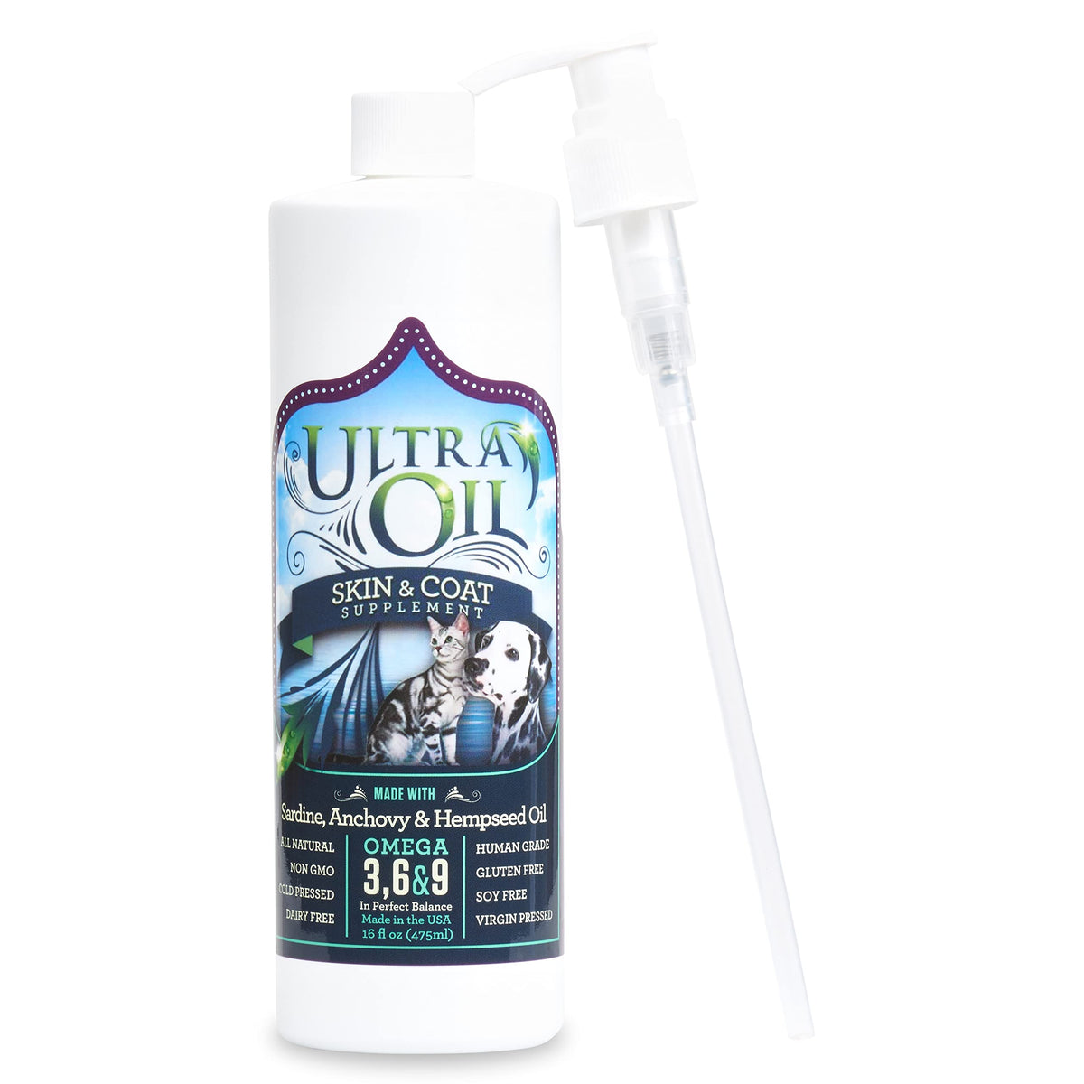 Ultra Oil Skin & Coat Supplement for Dogs & Cats with Hemp, Flaxseed, Grape Seed, Fish Oils
