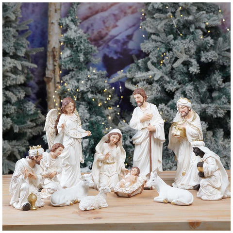 Zayton Nativity Set Christmas Indoor 11 Pcs 5.5 Inch Scene Statue Figurines Jesus Manger Crib Ornament Church Xmas Home Catholic Religious Decoration