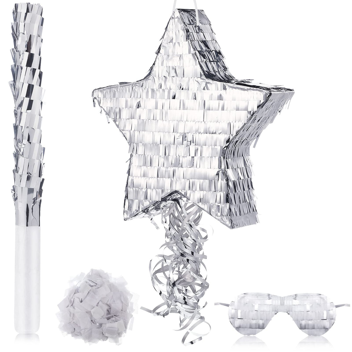 Disco Ball Small PiÃ±ata with PiÃ±ata Stick Blindfold and Confetti, Silver Foil PiÃ±atas for Birthday Party, Small PiÃ±ata for Kids Adults Retro Birthday Game Party Decorations Supplies(Star)