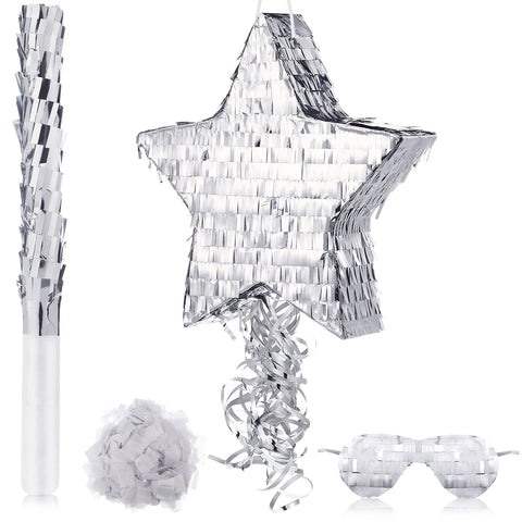 Disco Ball Small PiÃ±ata with PiÃ±ata Stick Blindfold and Confetti, Silver Foil PiÃ±atas for Birthday Party, Small PiÃ±ata for Kids Adults Retro Birthday Game Party Decorations Supplies(Star)