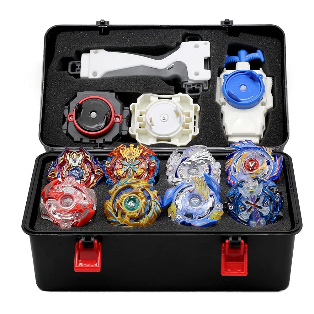 Battling Tops Pack of 8, Gyro Burst Turbo Spinning Top Set, 4D Fusion Model Metal Masters Speed Battle Spinner with Launcher, Case and Accessories, Gift for Children Adults (J)