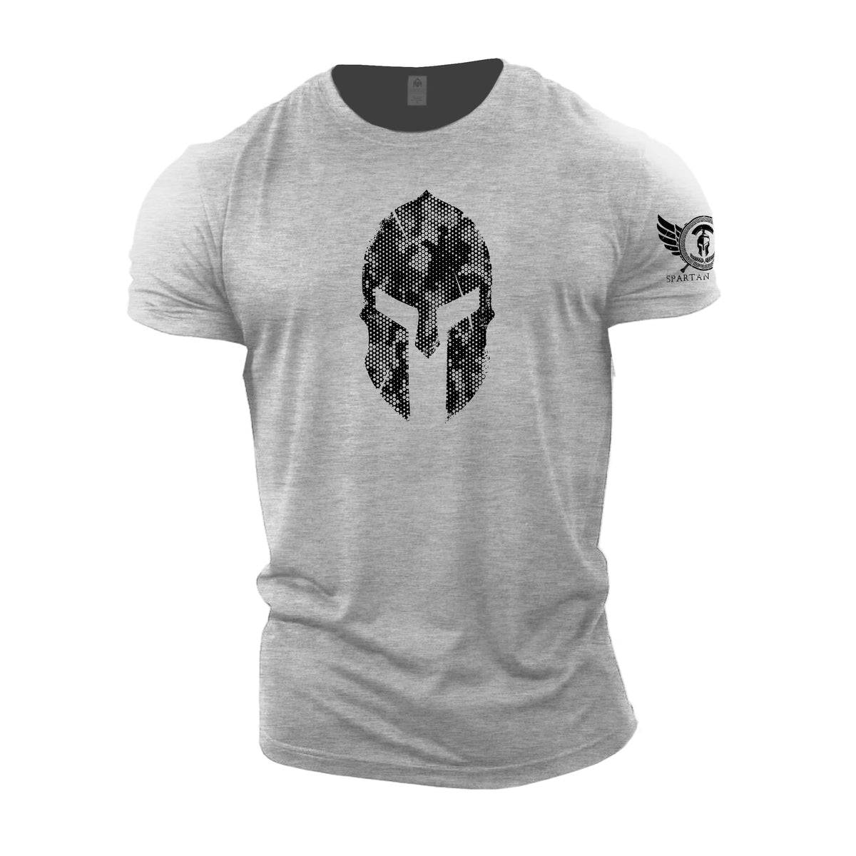 GYMTIER Spartan Helmet Hex Camo - Spartan Gym T-Shirt for Men Bodybuilding Weighlifting Strongman Training Top Active Wear Spartan Forged Sport Grey X-Large