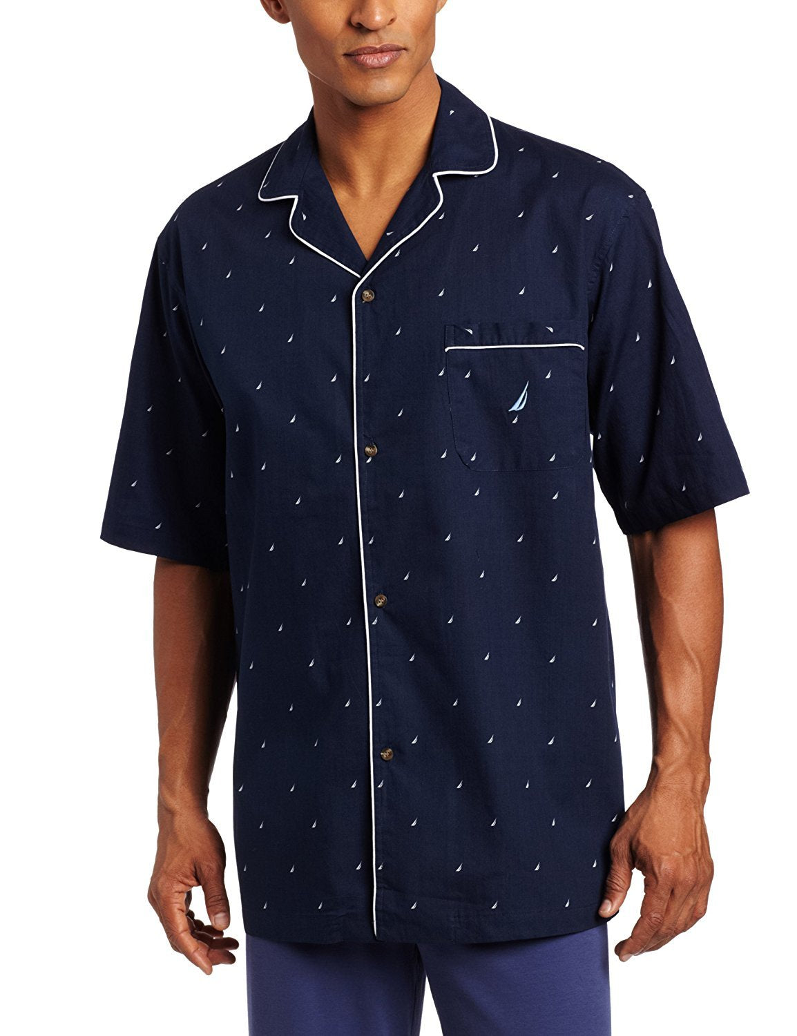 Nautica Men's Short Sleeve 100% Cotton Soft Woven Button Down Pajama Top, Peacoat, Small
