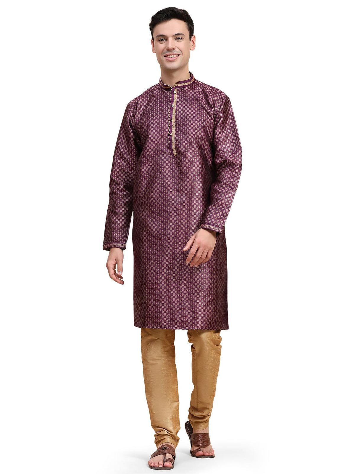 SKAVIJ Men's Jacquard Silk Woven Design Kurta Pajama Set Ethnic Motifs Long Sleeves Ethnic Dress (KP131purple_Purple_S)