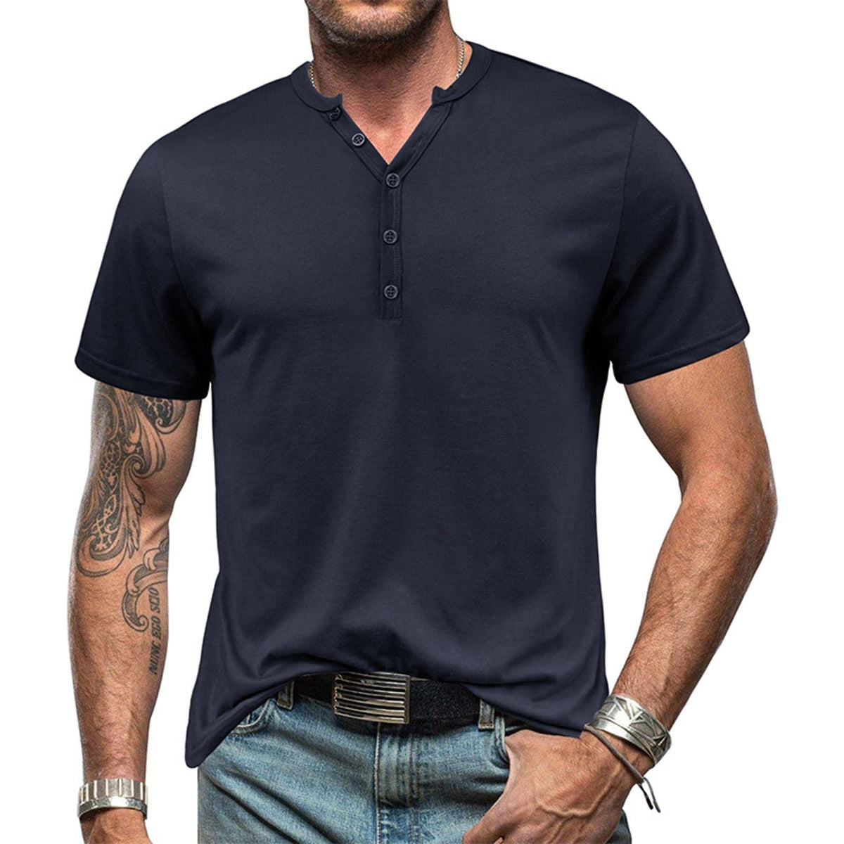 Simple Casual Henley T Shirt for Men Solid Color Buttons Henley Vneck Short Sleeve Tee Dark Blue M