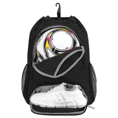 sportsnew Drawstring Football Bag Basketball Backpack String Swimming PE Bag with Shoes Compartment and Wet Pocket, Gym Sackpacks for Men Women, Black