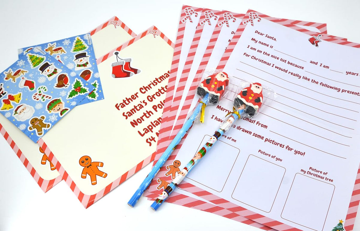 Storm&Lighthouse Two-Pack Letter to Santa Claus Writing Set for Kids 10 Piece Xmas Activity Pack with Red/Blue Sticker Sheets and Pencils Father Christmas Wish List for Boys and Girls