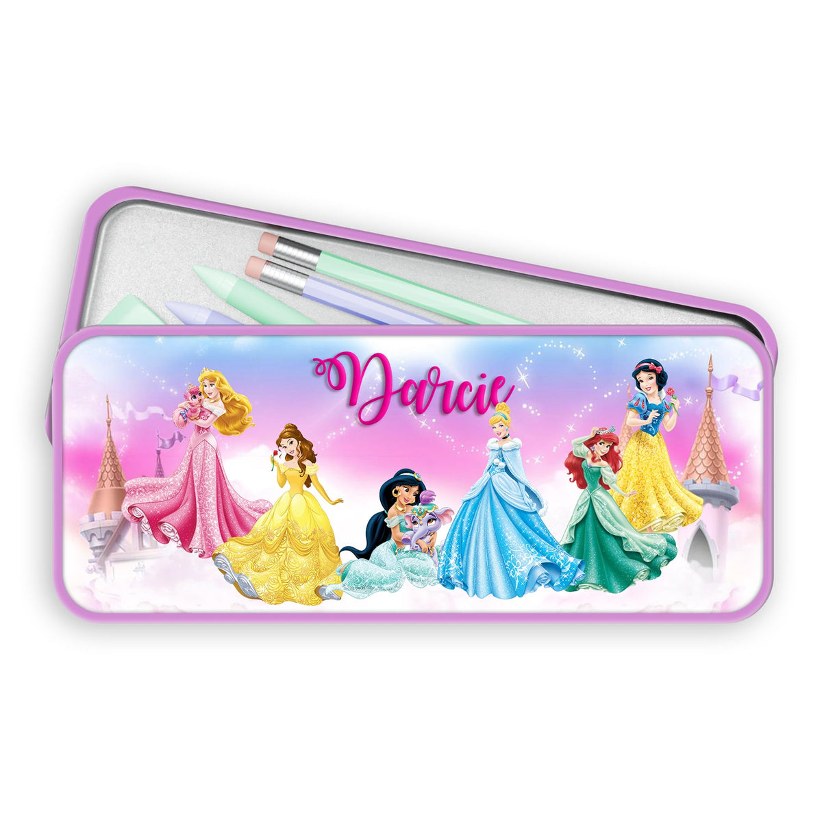 Print Maniacs Personalised Disney Cute Pencil Case Tin Kids Boys Girls Princess Back to School Stationary Organizers Makeup Bag (Pink Case)