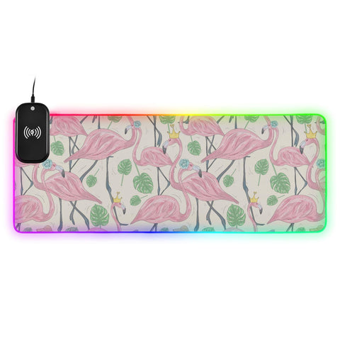 Flamingos Palm Leaves Wireless Charging Mouse Pad for Mobile Phone Extra Large Gaming Mousepad with 13 Lighting Modes Extended Desk Mat for Gaming MacBook PC Laptop Desk Home Office