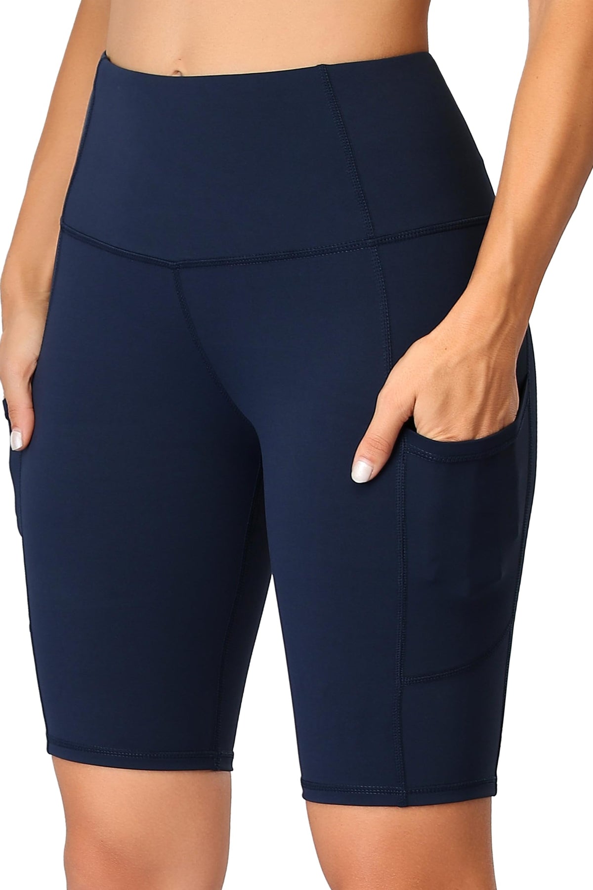 Oalka Women's Short Yoga Side Pockets High Waist Workout Running Shorts Navy Blue M