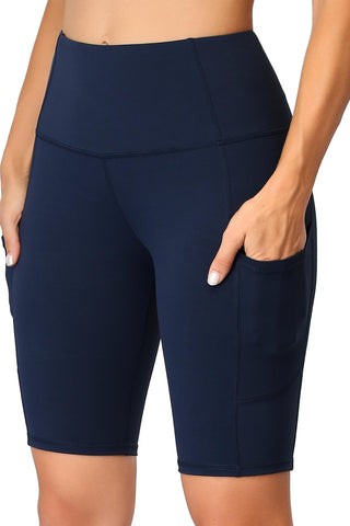 Oalka Women's Short Yoga Side Pockets High Waist Workout Running Shorts Navy Blue M