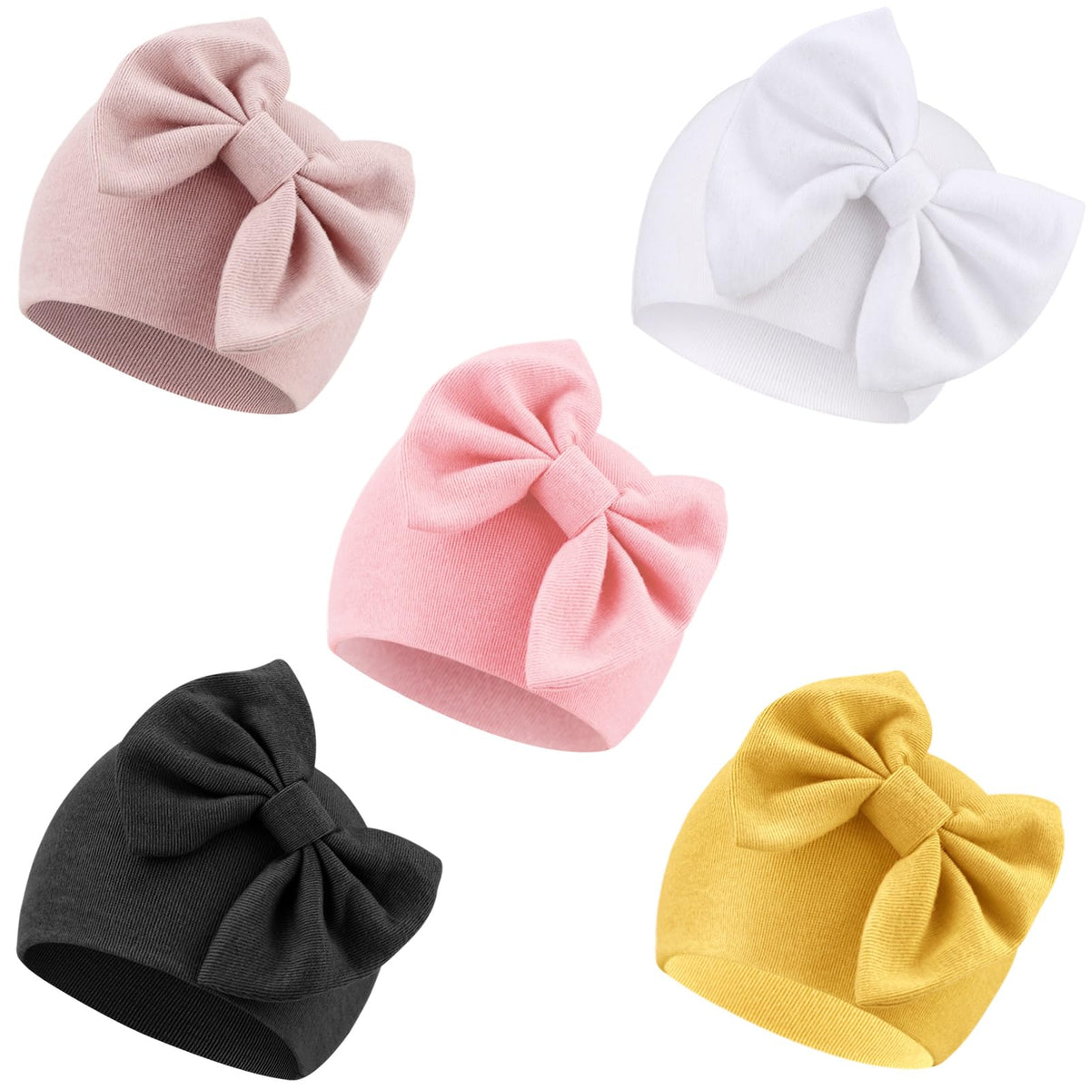 AQOKKA 5 PCS Newborn Baby Hats Cotton Baby Beanie Caps with Big Bow Infant Hospital Hats Newborn Hats for Baby Girls 0-6 Months