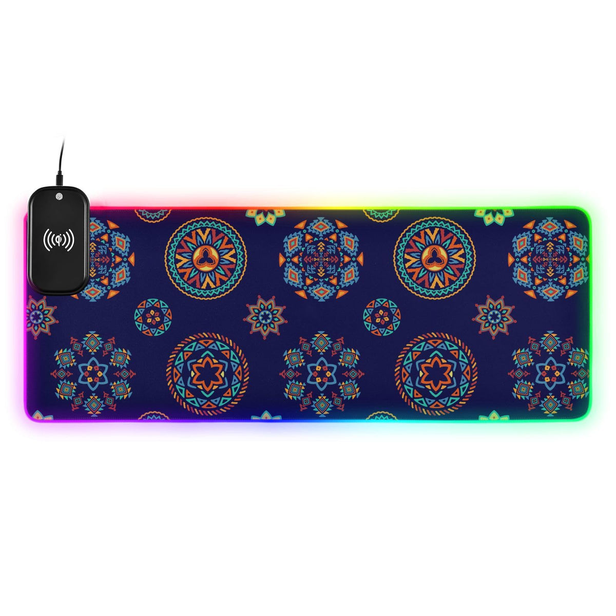 Ethnic Mandala Wireless Charging Mouse Pad for Mobile Phone Extra Large Gaming Mousepad with 13 Lighting Modes Keyboard Mat for MacBook PC Laptop Desk Office Home Gaming