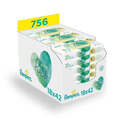 Pampers Harmonie Coco Baby Wipes Box, 756 Wipes (18 x 42) with Coconut Oil, Moisturising and Protective
