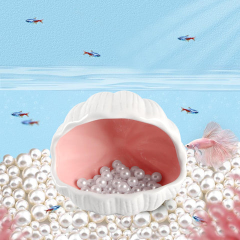 PENCK Betta Fish Tank Accessory Decor Cute Ceramic Aquarium Cave Shell Shape Fish House Hideout Ornament for Shrimp Fish Hiding Playing (Pink + 50pcs Pearl)