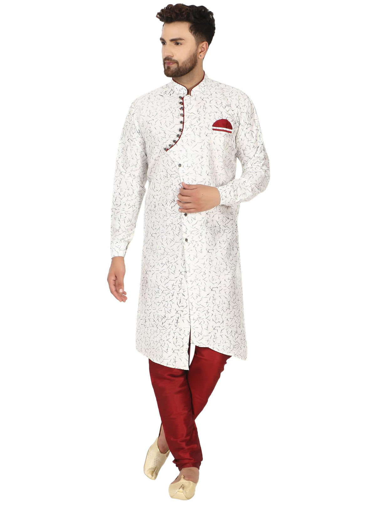 SKAVIJ Men's Art Silk Printed Kurta Pyjama Set Self Design 2-Piece Festive Party Ethnic Dress (KP059offwhite_Off White_L)