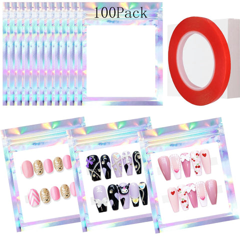 Yazabai 100PCS Empty Holographic Nail Storage Bag Press on Nail Packaging Bag and 100PCS Shiny white cardboard Nail Tips Packaging Bags with 1 Roll Transparent Tape