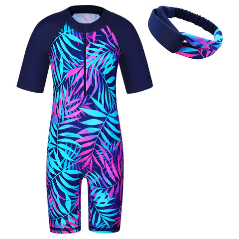 ZNYUNE Girls' One-Piece Swimming Costume Sun Protection Swimwear Kids Long Sleeve Swimsuit, Dark Blue Short Sleeve, 8-10 Years