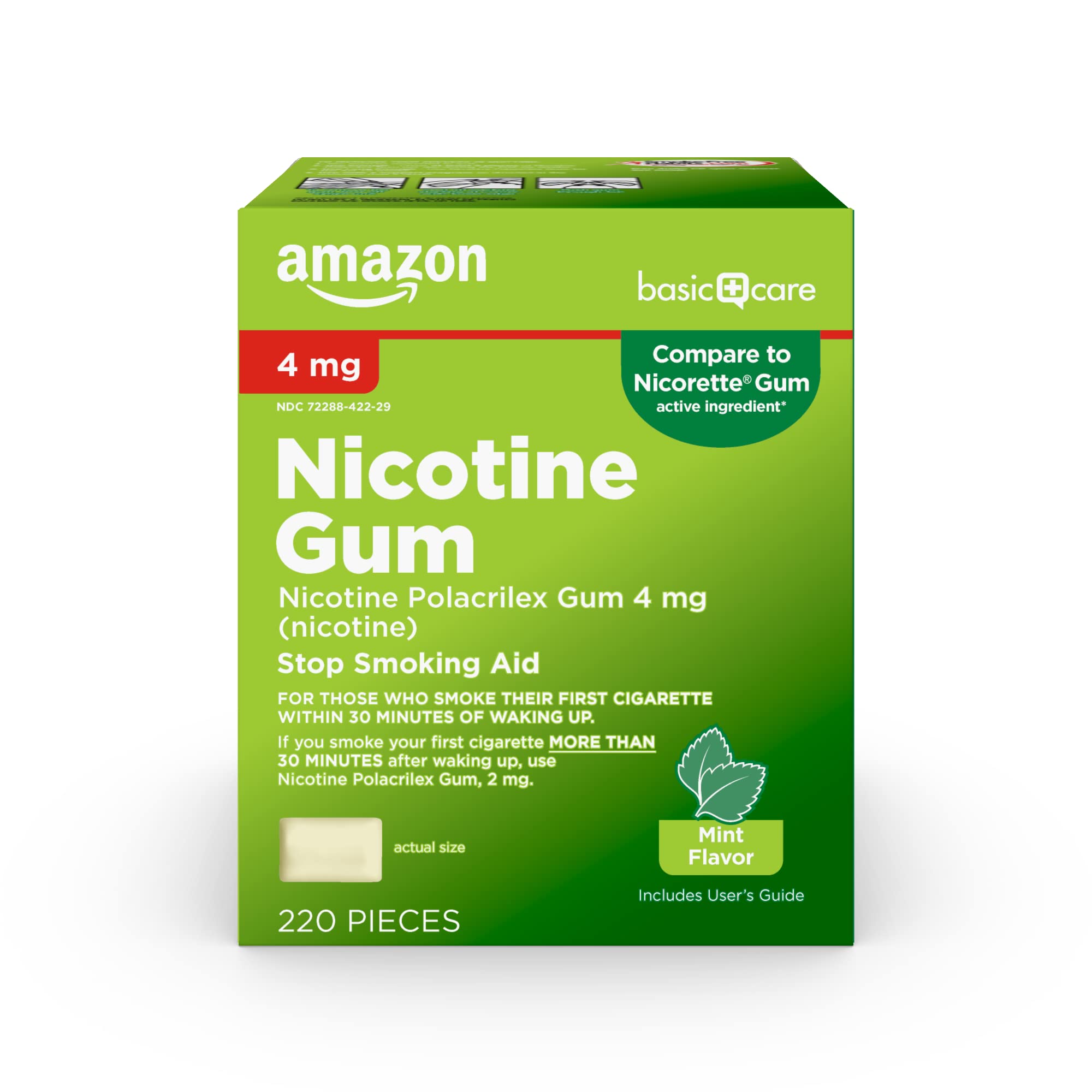 Amazon Basic Care Uncoated Nicotine Polacrilex Gum 4 mg, Mint Flavor, Stop Smoking Aid, 220 Count