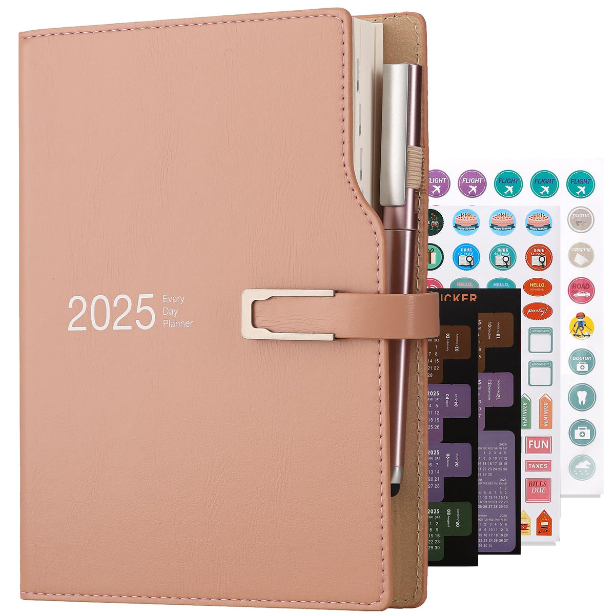 Academic Diary 2025 A5 Day to Page,Schedule Organizer with Calendar Stickers, Agenda Diary Planner with Pen Holder and Pen,Premium Thicker Paper 14 X 21.5 cm (Pink)
