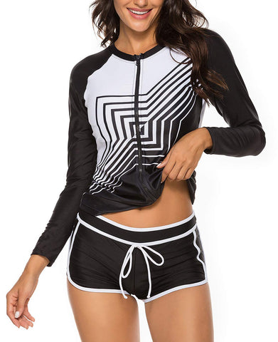 YATEEN Women's Long Sleeve Sun Protection Rash Guard Wetsuit Two Piece Swimsuit Set Black/White