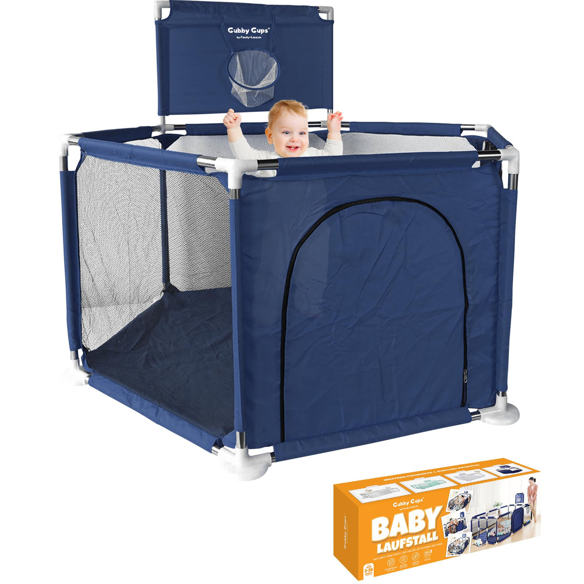 Gubby Gups Playpen, Blue: Ball Pit Baby Playpen with Basketball Hoop for Babies & Toddlers