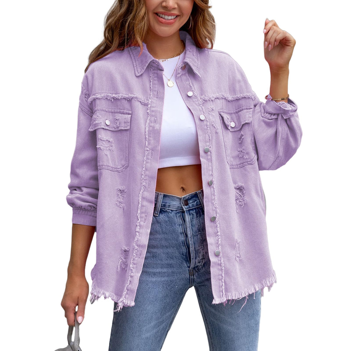 Bornpom Jean Jacket Womens Denim Jacket Plus Size Long Sleeve Denim Shacket Button Down Ripped Distressed Jean Coat Light Purple L