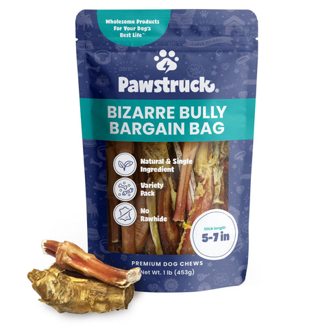 Pawstruck Natural Bizarre Bully Sticks Bargain Bag for Dogs & Puppies - Variety Pack of 5-7" Long Lasting Eco-Conscious Beef Chew Treats - 1 lb. Bag - Packaging May Vary