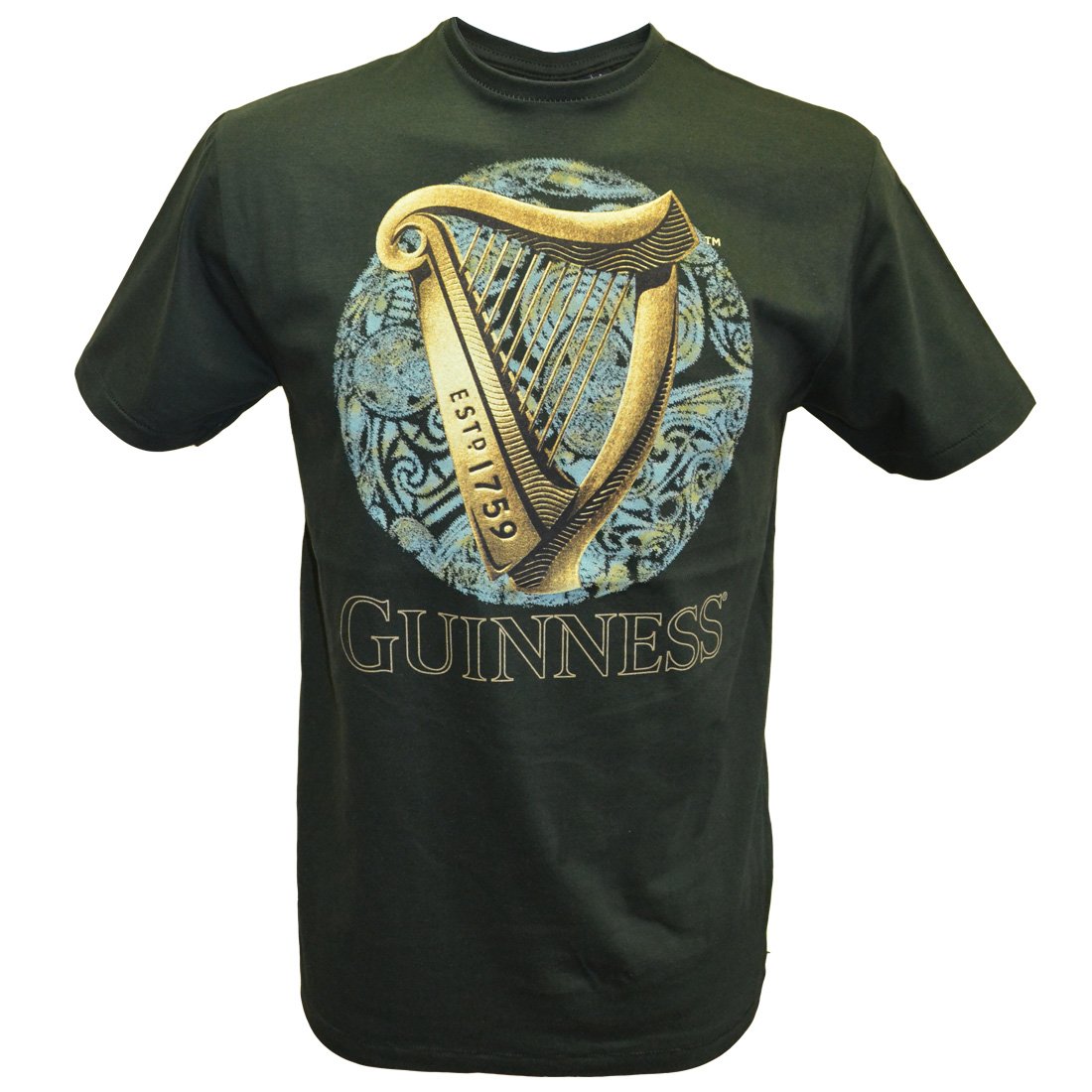 Bottle Green Guinness T-Shirt With Irish Harp Design With Blue Celtic Design