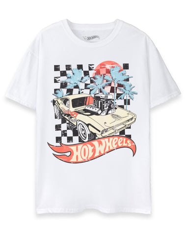 Hot Wheels Mens T-Shirt | Adults Car Sunset Short Sleeve Distressed Graphic Tee in White | Racing Flames Vintage Muscle Car Apparel Top | Rodger Dodger Speed Toy Classic Merchandise Gift for Him