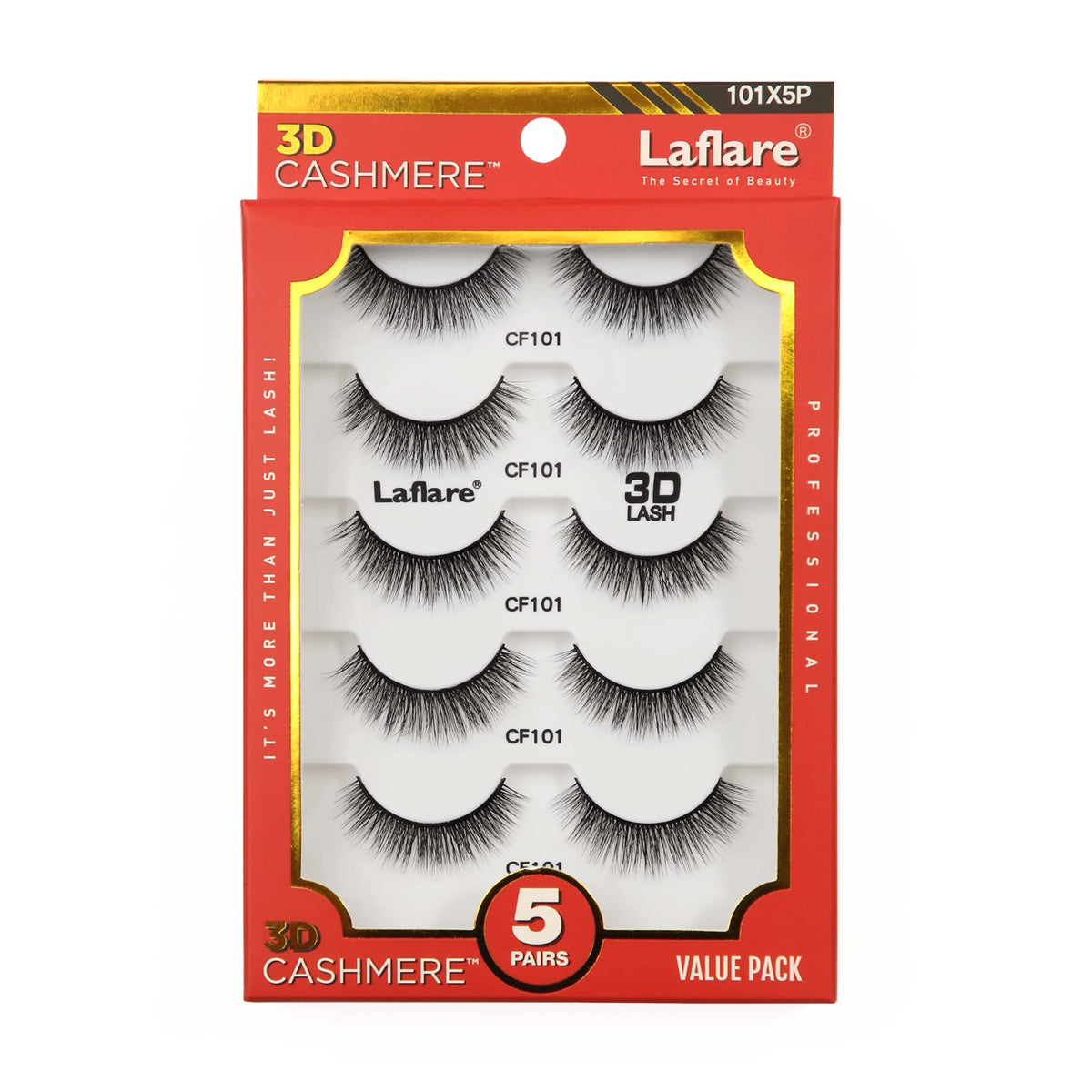 Laflare 3D Cashmere False Eyelashes Multipack, Ultra Soft, Glam, Luxurious, Cruelty-Free, Reusable, Fake Eyelashes 5 Pairs Value Pack (101X5P)