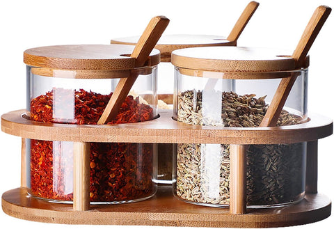 MIATTCLD Condiment Pots 3 Pcs Clear Seasoning Jars with Lid and Spoon, 280 ML/9.5 OZ Glass Spice Container with Bamboo Serving Tray, Kitchen Seasoning Storage Organizer for Salt Sugar Pepper