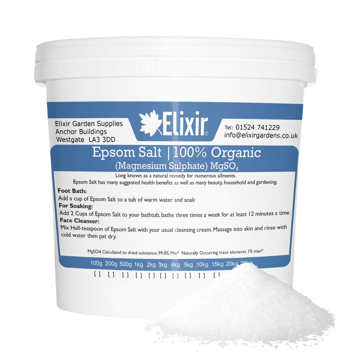Elixir Gardens 100% Organic FFC Food Grade Medical Epsom Salt | 1, 5, 10, 15, 20, & 25kg Weights Available | Supplied in Tub (5kg)