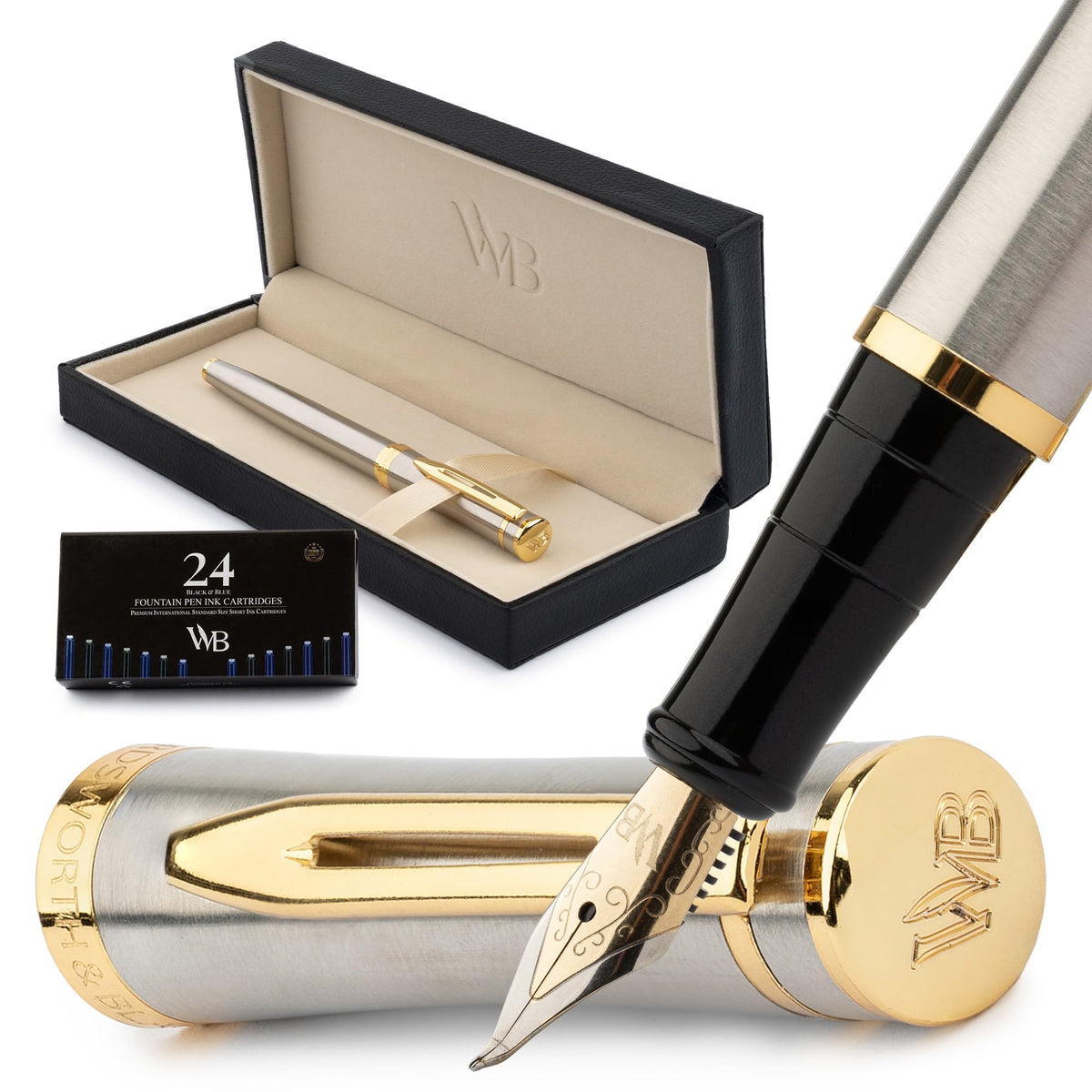 Wordsworth & Black Fountain Pen Set, 18K Gilded Bent Nib, Includes 24 Pack Ink Cartridges, Ink Refill Converter & Gift Box, Gold Finish, Calligraphy, [Silver Gold], Perfect for Men & Women