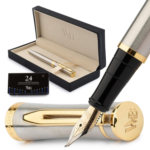 Wordsworth & Black Fountain Pen Set, 18K Gilded Bent Nib, Includes 24 Pack Ink Cartridges, Ink Refill Converter & Gift Box, Gold Finish, Calligraphy, [Silver Gold], Perfect for Men & Women