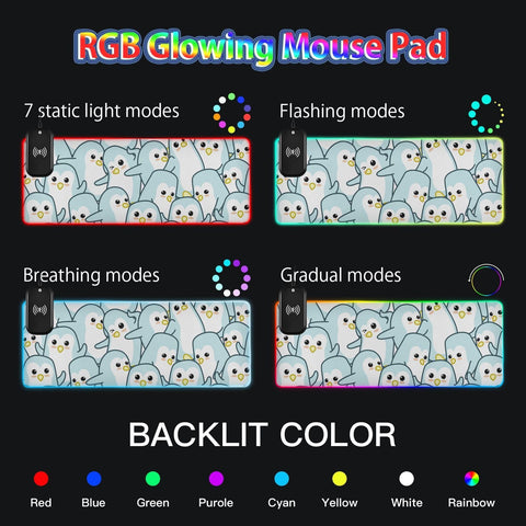 Cute Animals Penguin Wireless Charging Mouse Pad for Mobile Phone Extra Large Gaming Mousepad with 13 Lighting Modes Extended Desk Mat for Gaming MacBook PC Laptop Desk Office Home