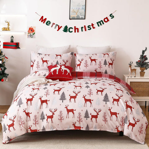 Christmas Duvet Cover Set Double Christmas Deer and Christmas Tree Pattern Printed Reversible Bedding Set for All Season Red Plaid Christmas Quilt Set 200×220 cm