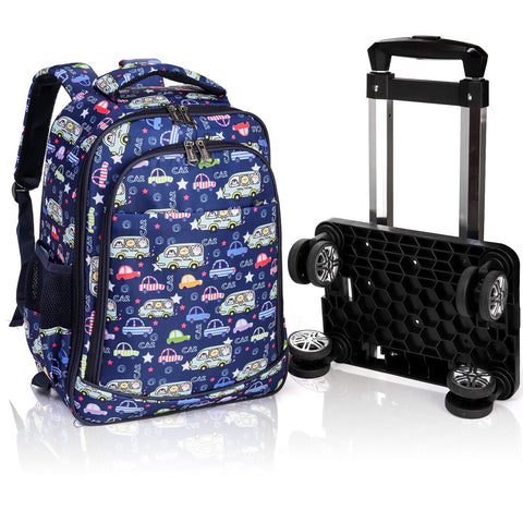 Mezchi Boys Rolling Backpack, Cartoon Car Wheeled Rolling Backpack for Kids, Removable Kids Backpack with Wheels for Boys, Teens for Travel, School, Summer Camp