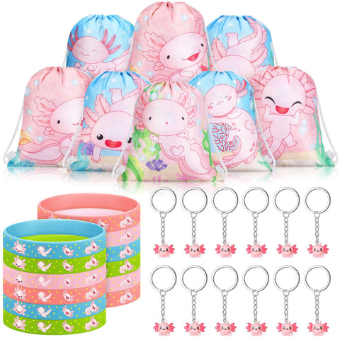Boao 32 Pcs Axolotl Party Favors Axolotl Birthday Party Decoration Including Drawstring Backpack bags Wristbands Keychains for Kids Girl Boy Gifts