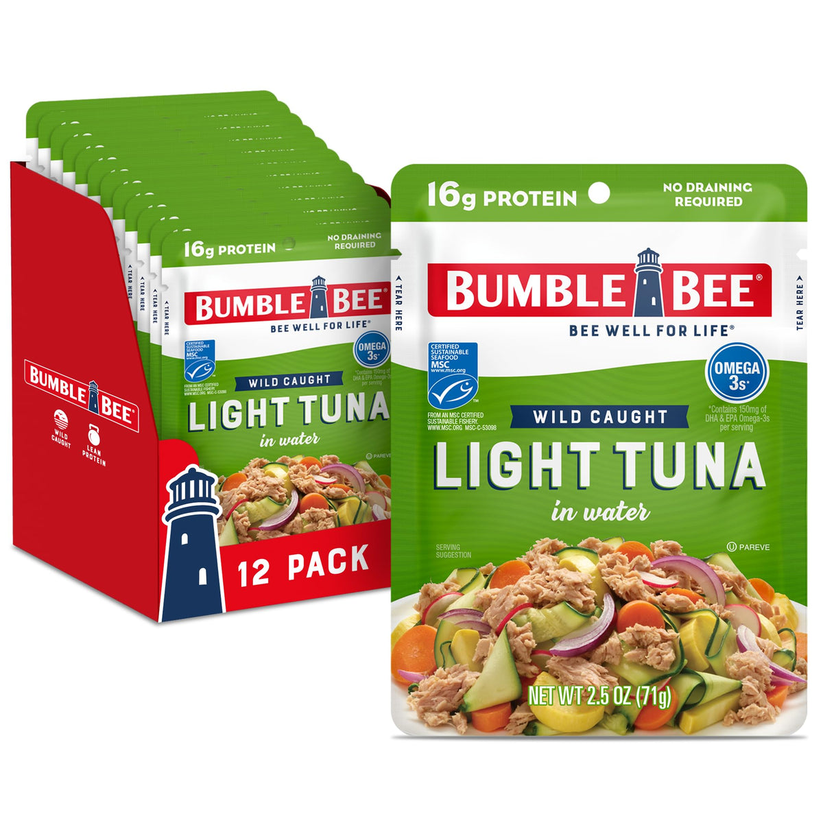 Bumble Bee Light Tuna Pouch in Water, 2.5 oz Pouch (Pack of 12) - Ready to Eat Tuna Fish, High Protein, Keto Food and Snacks, Gluten Free