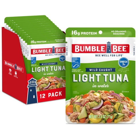 Bumble Bee Light Tuna Pouch in Water, 2.5 oz Pouch (Pack of 12) - Ready to Eat Tuna Fish, High Protein, Keto Food and Snacks, Gluten Free