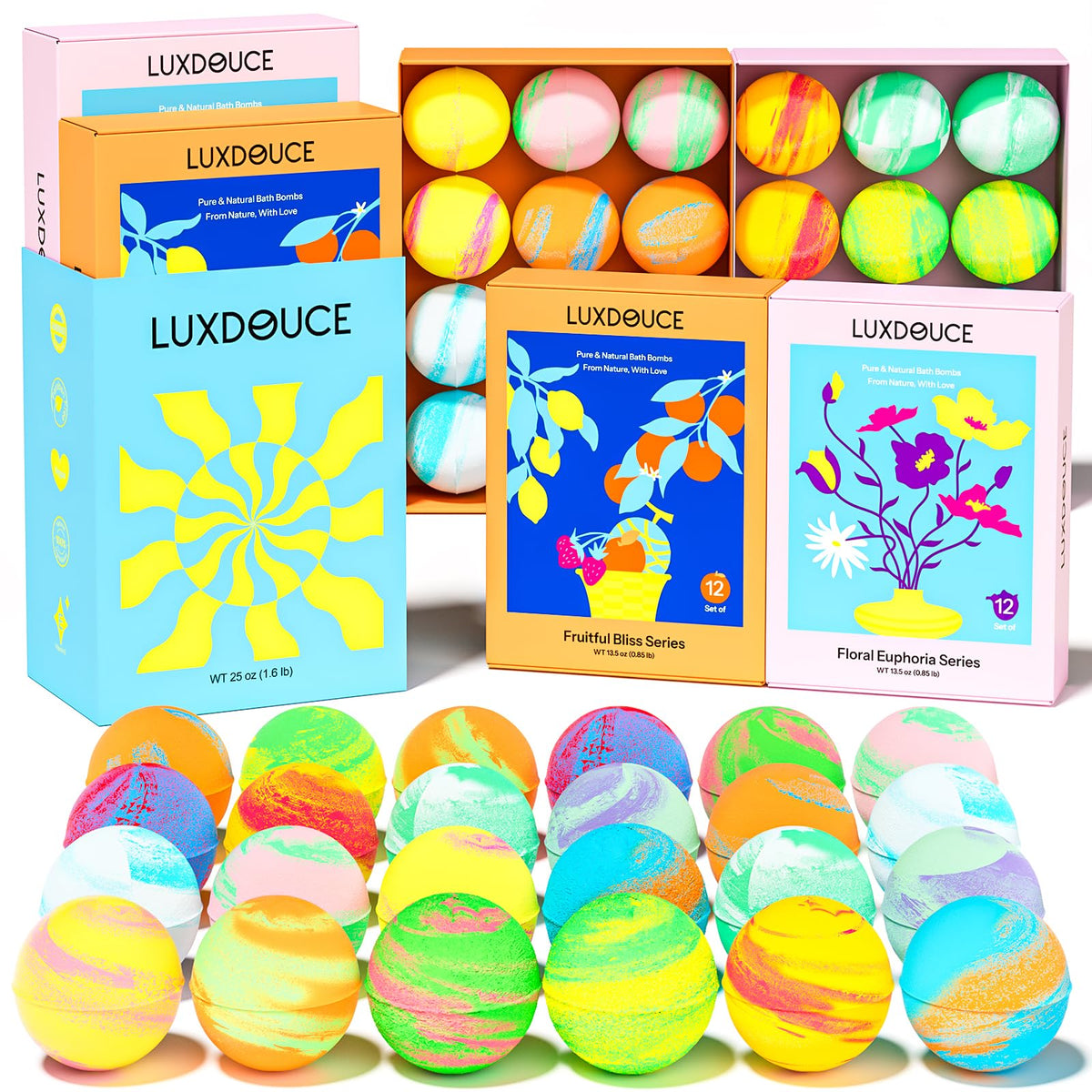 Bath Bombs Gift Set, 24 Pack Bubble Bombs with 12 Unique Scents, Floral Euphoria & Fruitful Bliss Collections, Skin-Soothing & Mood-Enhancing, Ideal Gift for Women on Christmas, Birthdays, Valentine