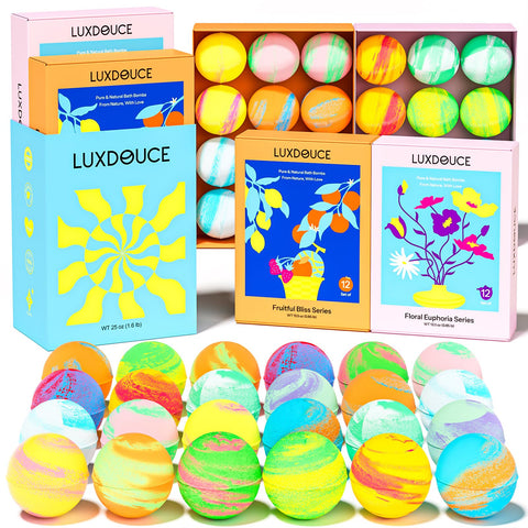 Bath Bombs Gift Set, 24 Pack Bubble Bombs with 12 Unique Scents, Floral Euphoria & Fruitful Bliss Collections, Skin-Soothing & Mood-Enhancing, Ideal Gift for Women on Christmas, Birthdays, Valentine